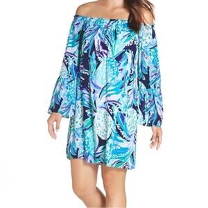 Lilly Pulitzer Nevie Off the Shoulder Dress Bright Navy Alotta Colada size Small